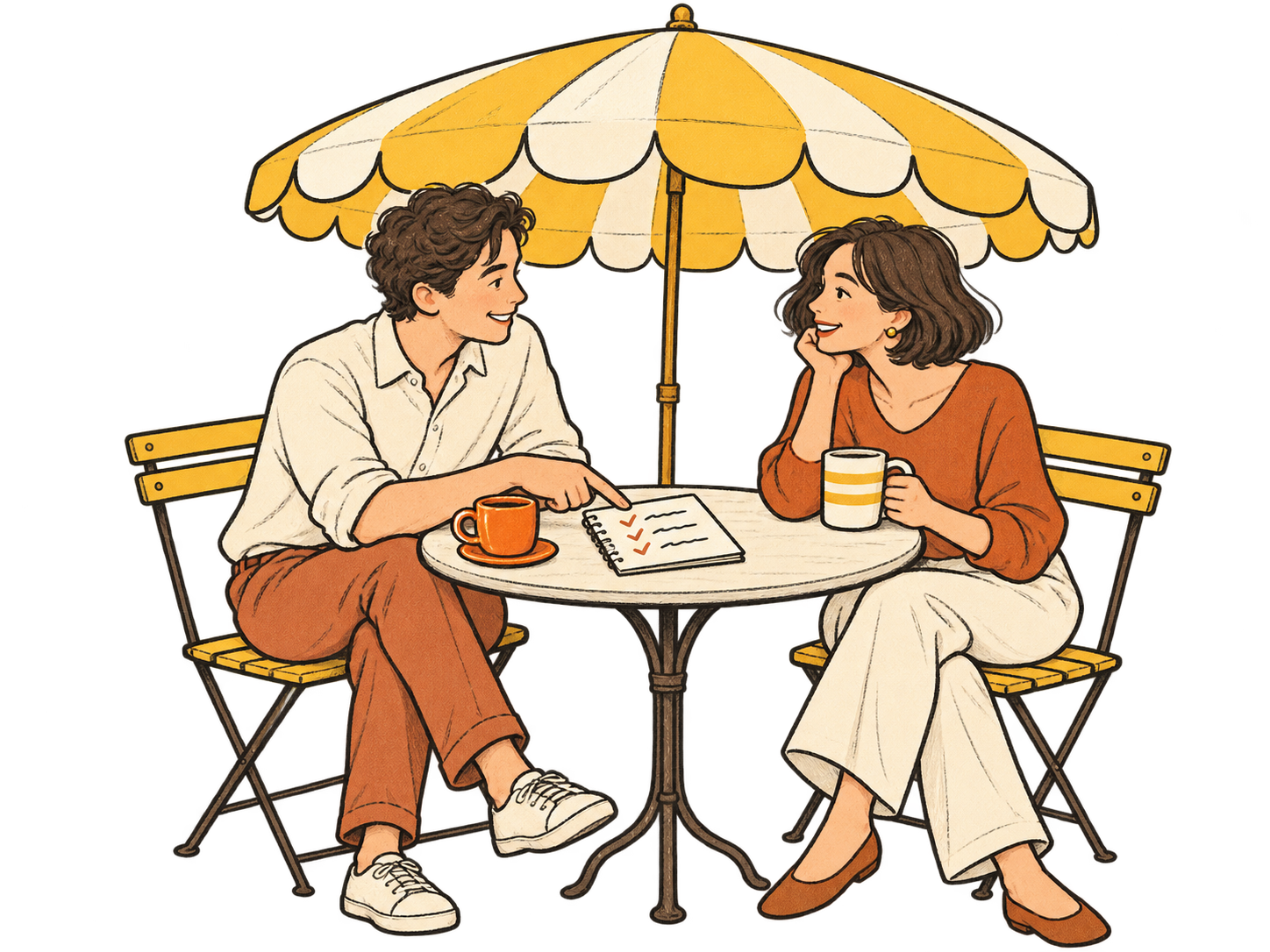 Two friends sharing a notebook and coffee beneath a yellow-and-white striped café umbrella.